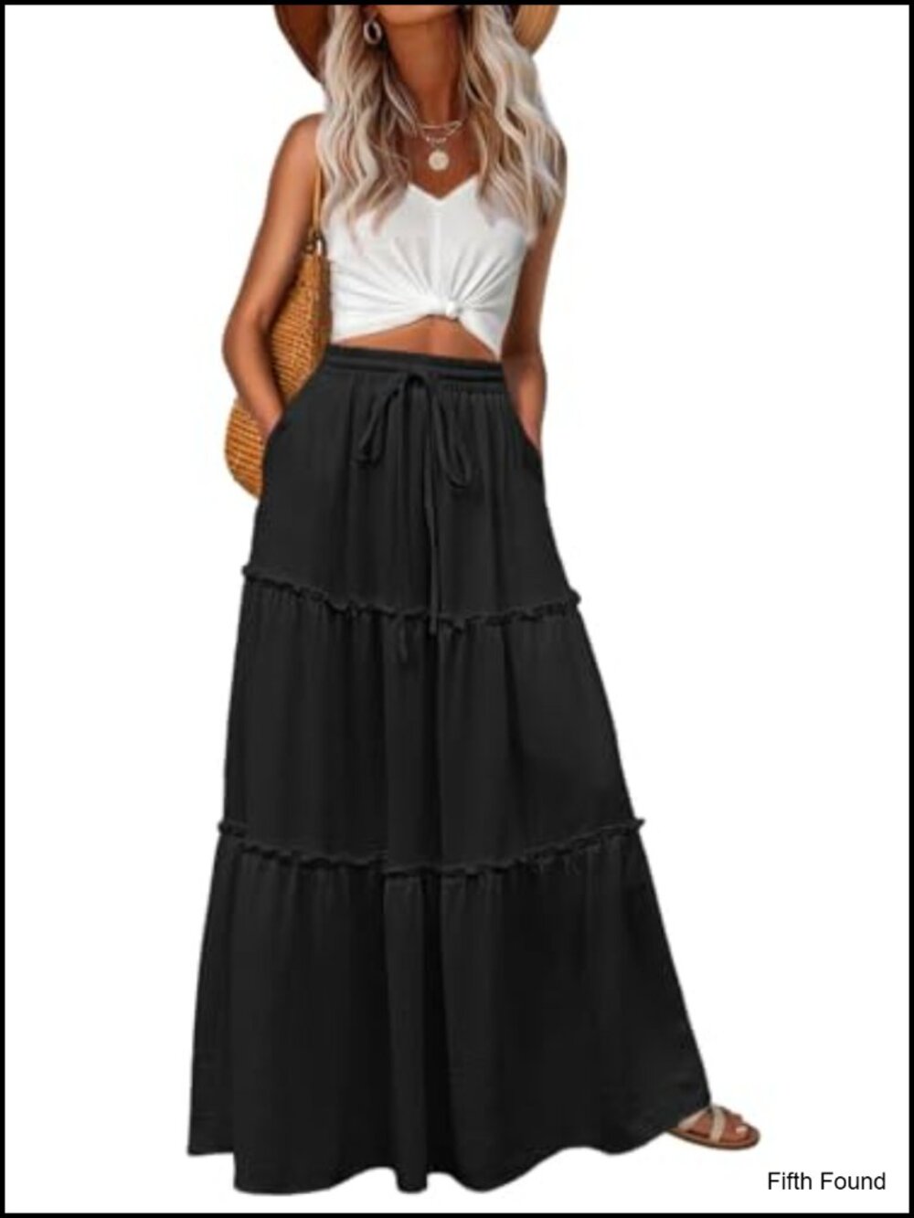 High Waisted Boho Floral Tiered Maxi Skirt with Pockets Flowy Summer Beach